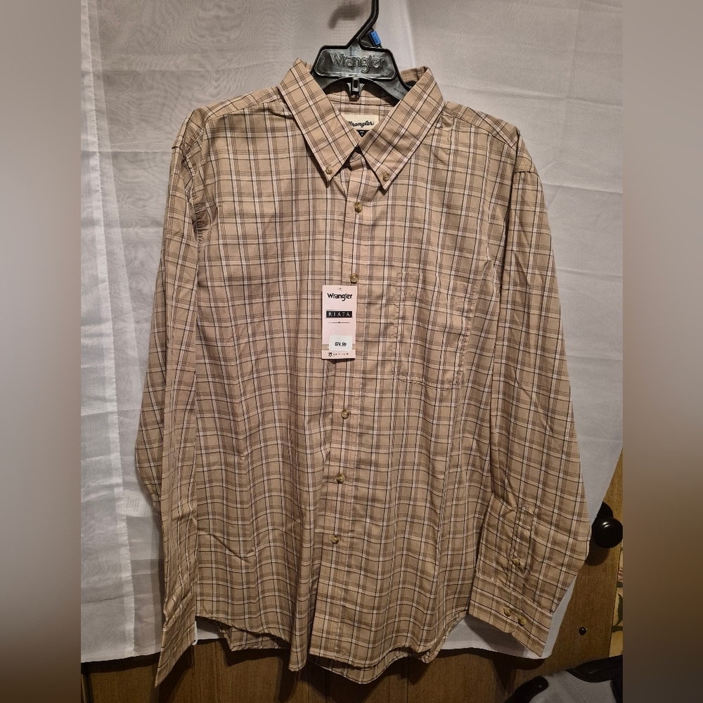 Wrangler XL Men's Western Tan Plaid Long Sleeve Shirt